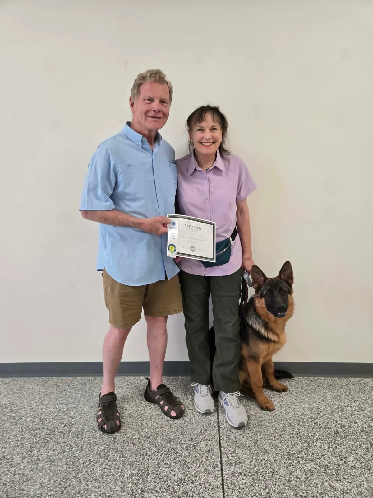 A German shepherd with their two handlers and an AKC STAR Puppy certificate