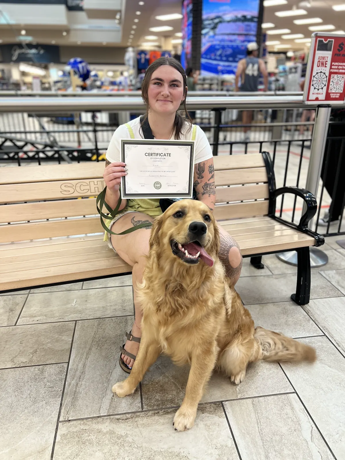 A golden retriever sitting in front of their handler at Scheels with a graduation certificate