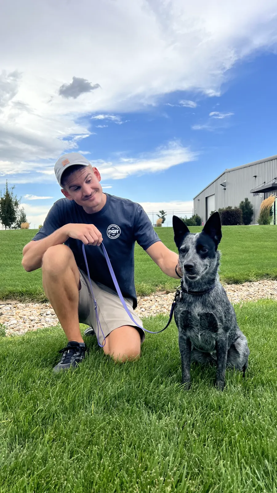 A Scentsible K9 trainer kneeling beside a blue heeler holding a sit