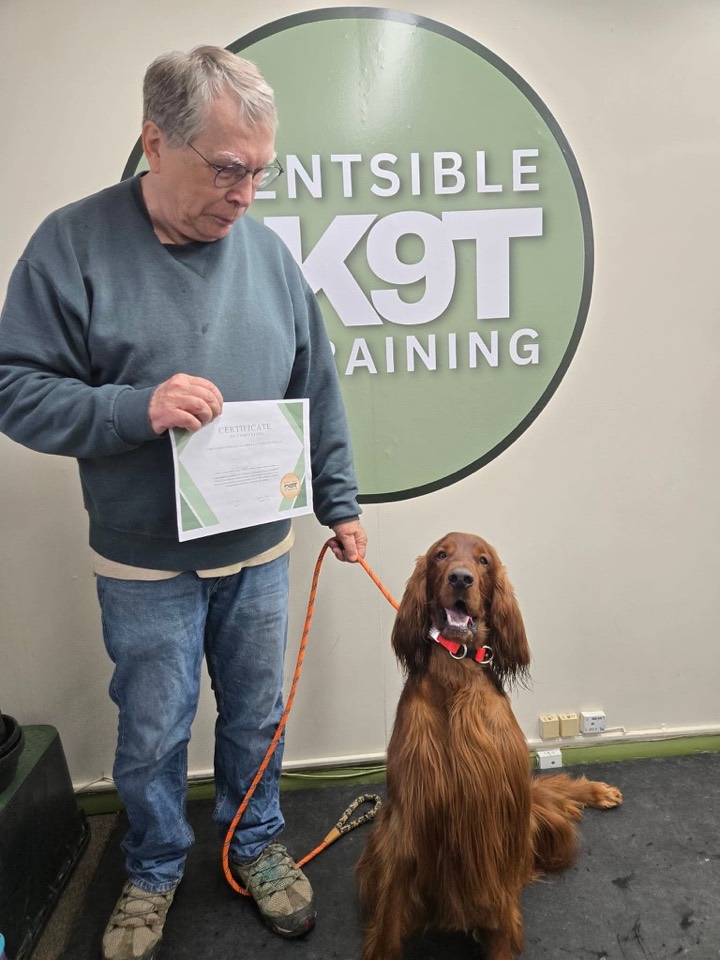 A client and their irish setter with a graduation certificate
