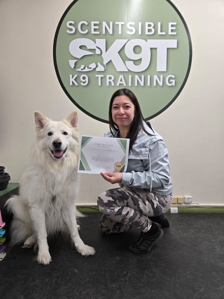 A client and their white shepherd with a graduation certificate